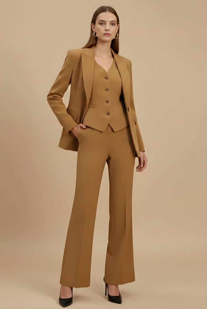 Women’s Tailored Three-Piece Suit with Single-Breasted Blazer and Flared Trousers