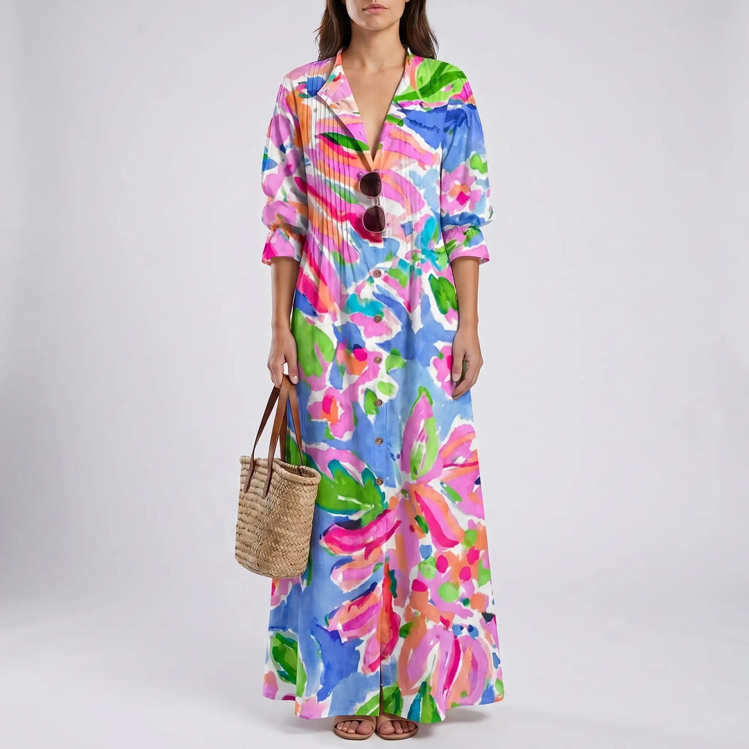 Breezara - Button-Down Botanical Dress