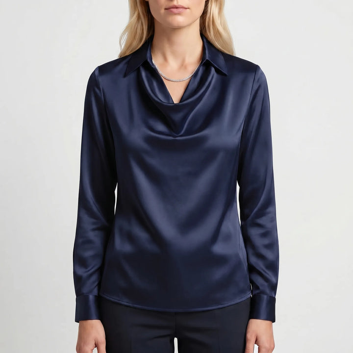 Draviela - Long Sleeve Draped Neckline Blouse