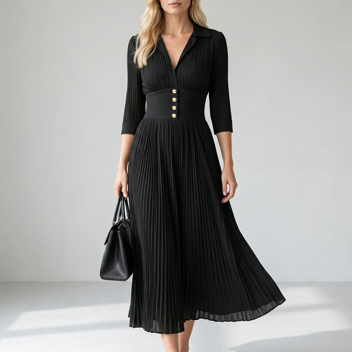 Elegara - Fitted Waist Pleated Maxi Dress