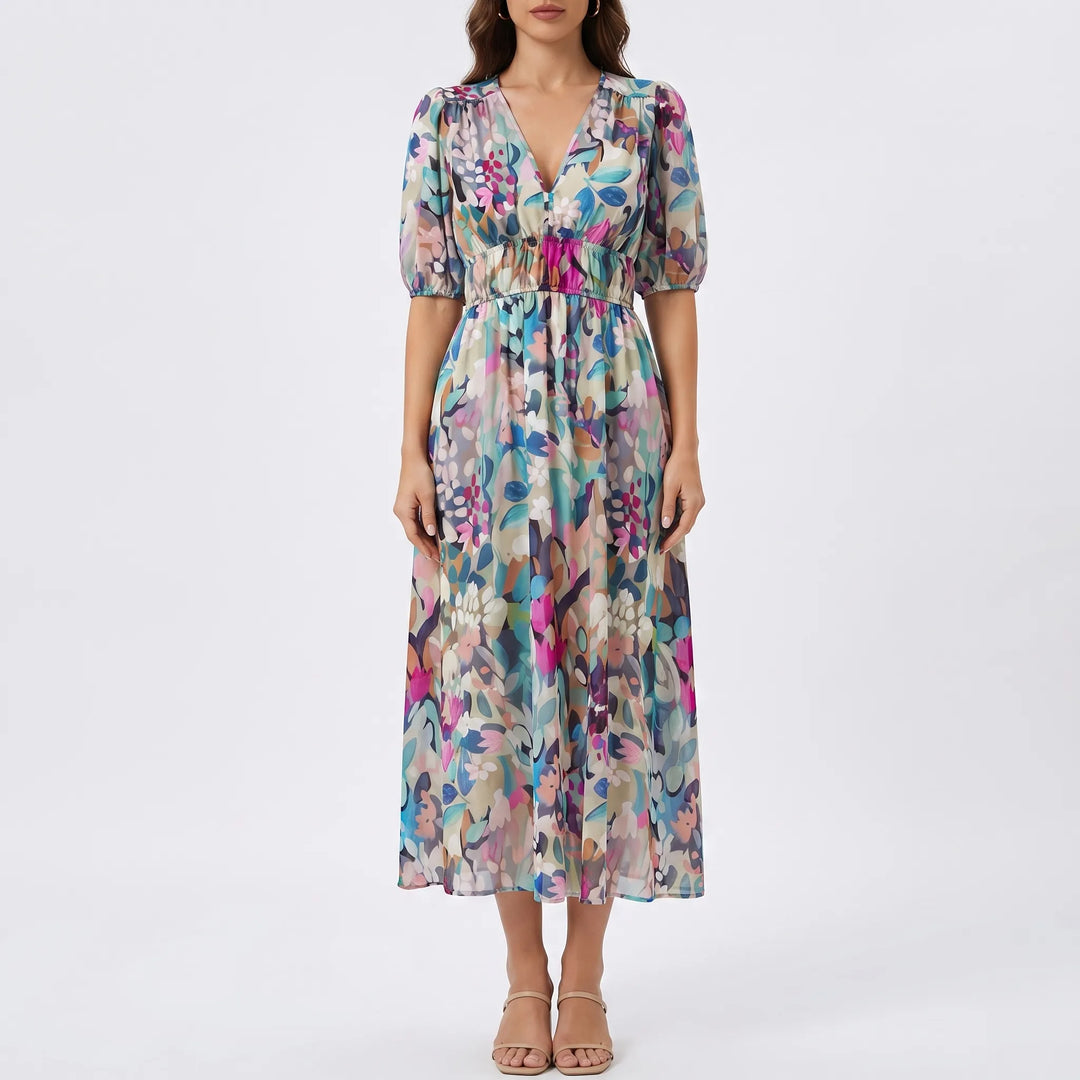 Floravia - V-Neck Floral Midi Dress