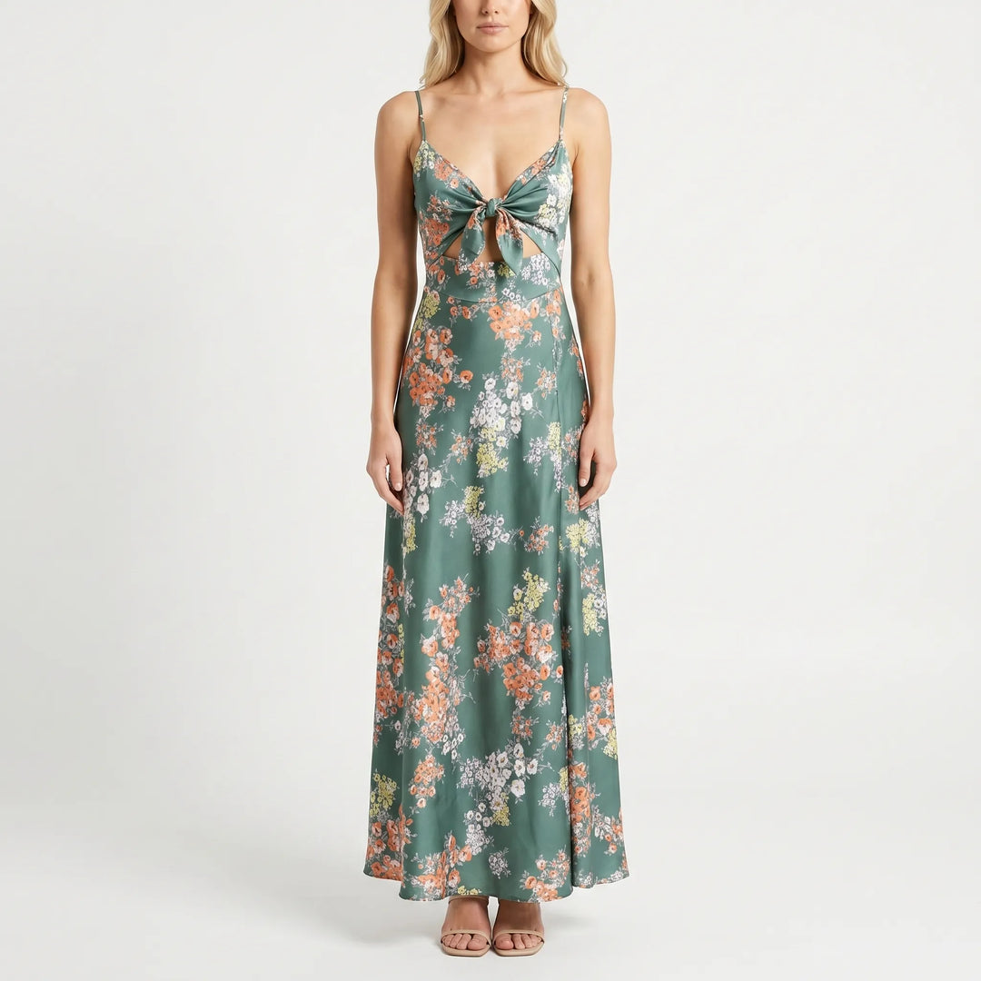 Florielle - Floral Print Maxi Dress With Tie Detail