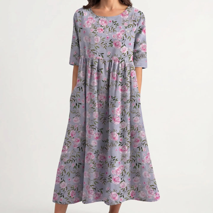 Floriven - Floral Print Midi Dress With Half Sleeves