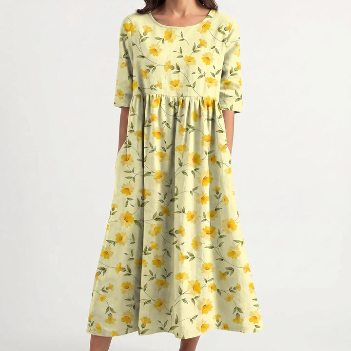 Floriven - Floral Print Midi Dress With Half Sleeves