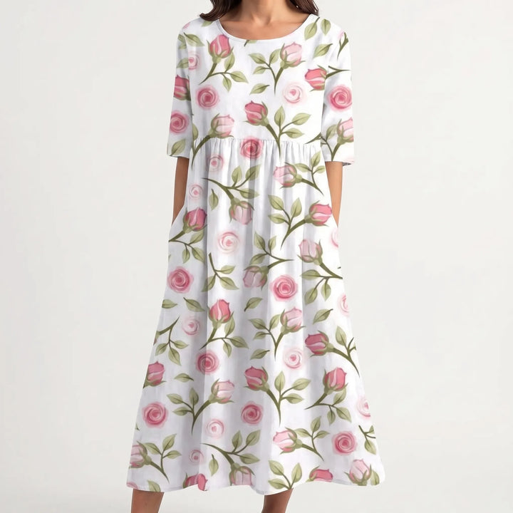 Floriven - Floral Print Midi Dress With Half Sleeves