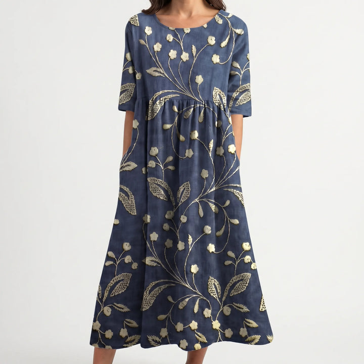 Floriven - Floral Print Midi Dress With Half Sleeves