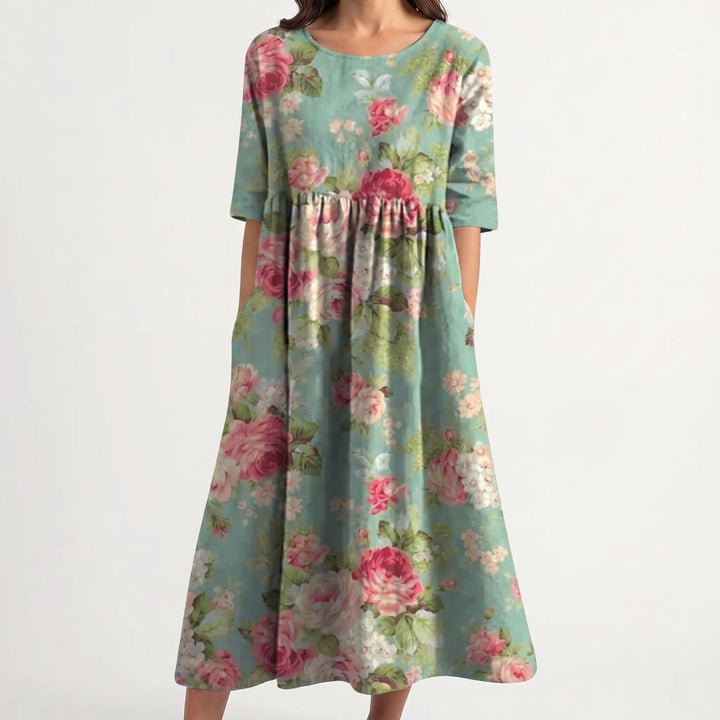 Floriven - Floral Print Midi Dress With Half Sleeves