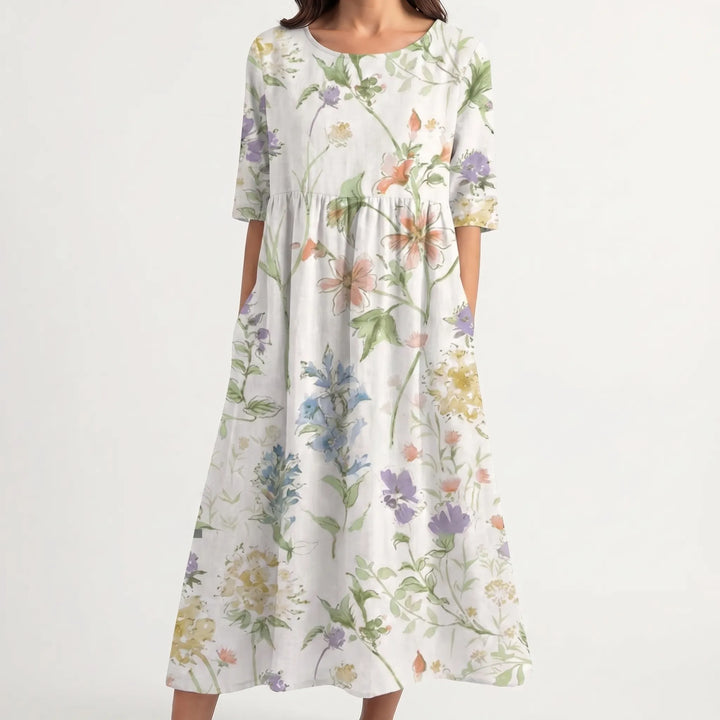 Floriven - Floral Print Midi Dress With Half Sleeves