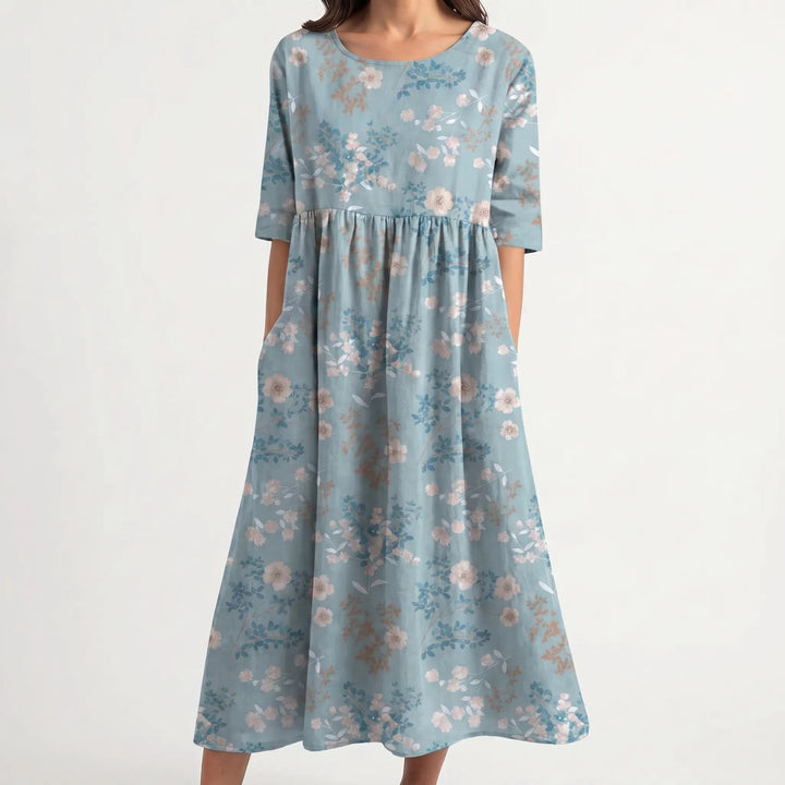 Floriven - Floral Print Midi Dress With Half Sleeves