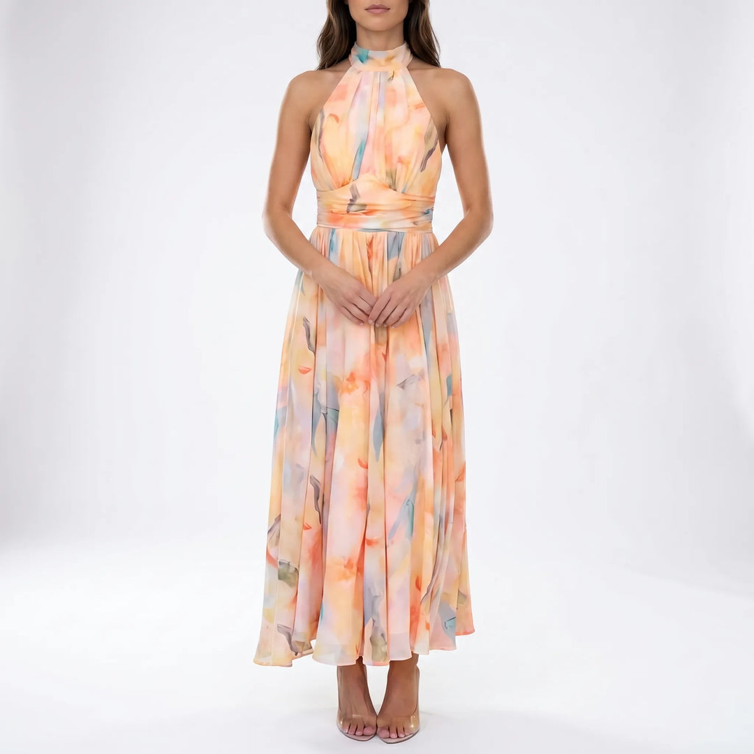Floriven - Halter Neck Watercolour Maxi Dress