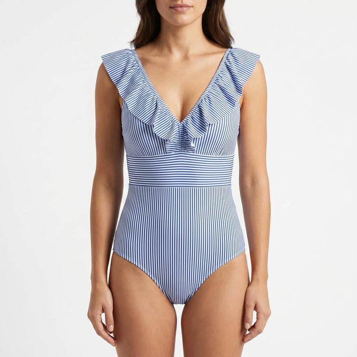 Frillova - Striped Ruffle V-Neck Swimsuit