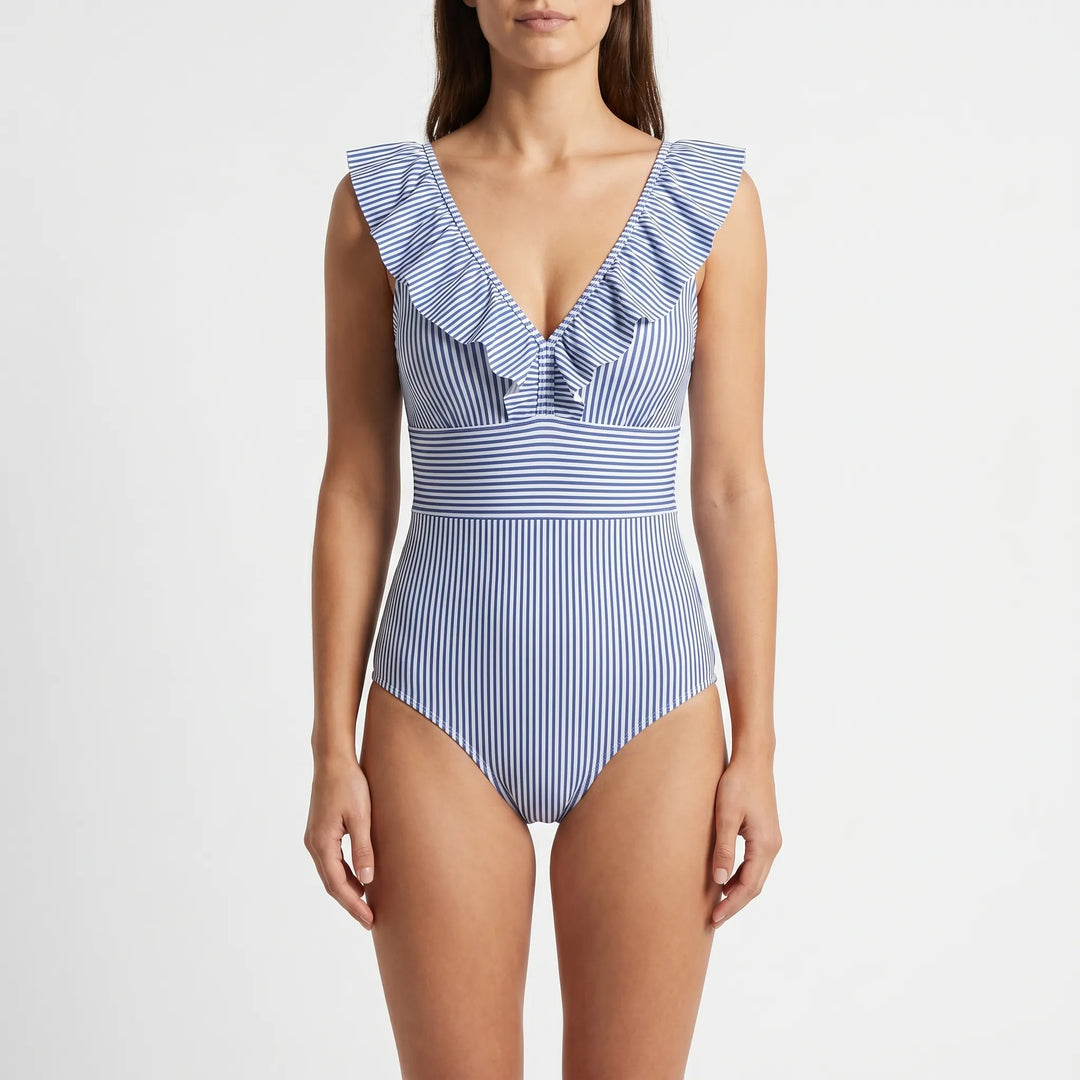 Frillova - Striped Ruffle V-Neck Swimsuit
