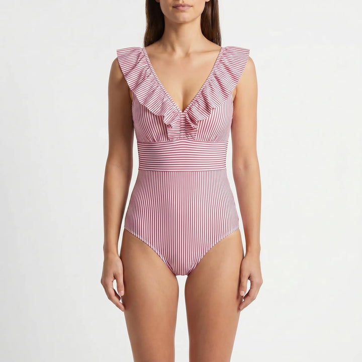 Frillova - Striped Ruffle V-Neck Swimsuit