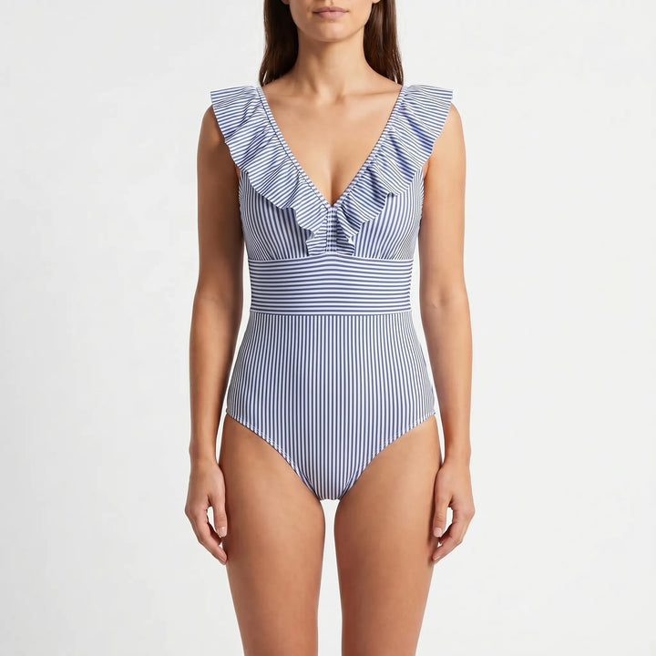 Frillova - Striped Ruffle V-Neck Swimsuit