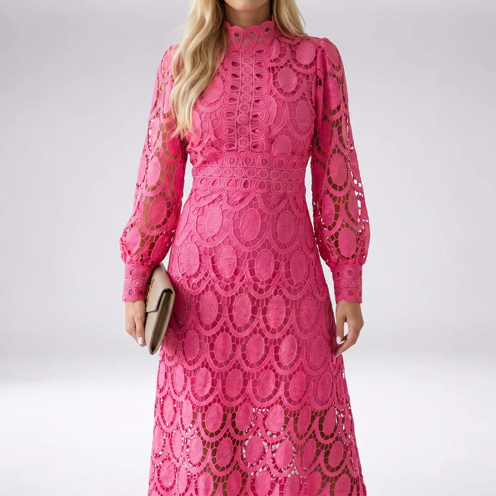 Lacevelle - Lace Midi Dress With High Neck
