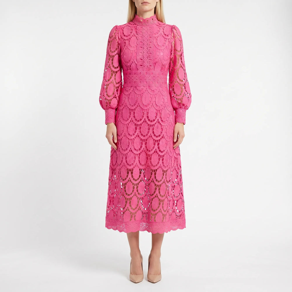 Lacevelle - Lace Midi Dress With High Neck