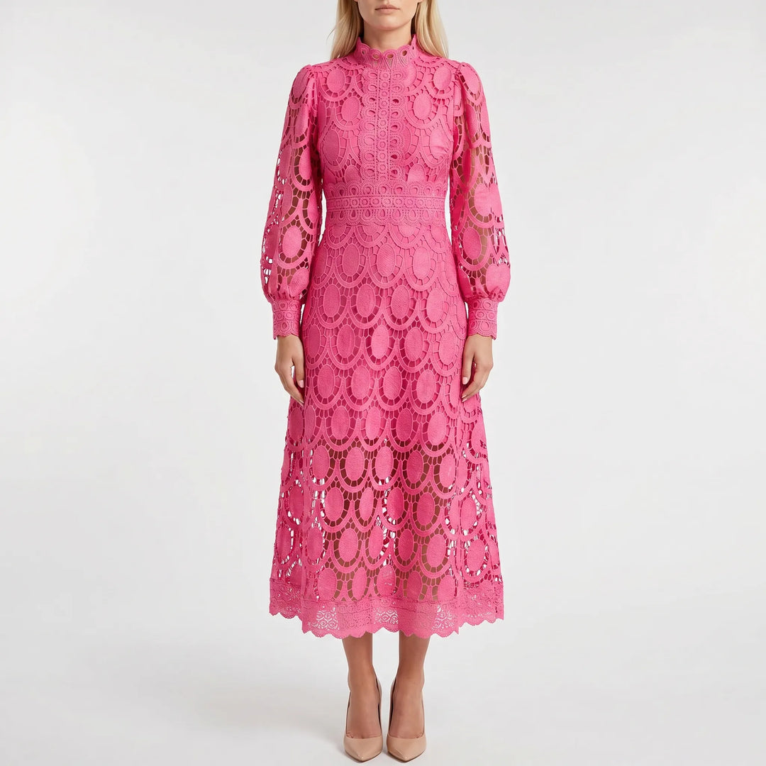 Lacevelle - Lace Midi Dress With High Neck