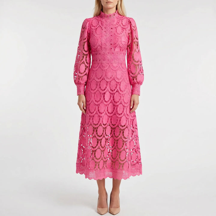 Lacevelle - Lace Midi Dress With High Neck