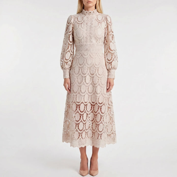 Lacevelle - Lace Midi Dress With High Neck