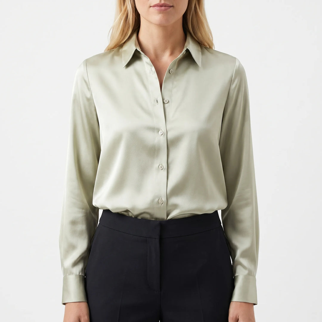 Lustreaux - Long Sleeve Satin Button-Down Blouse