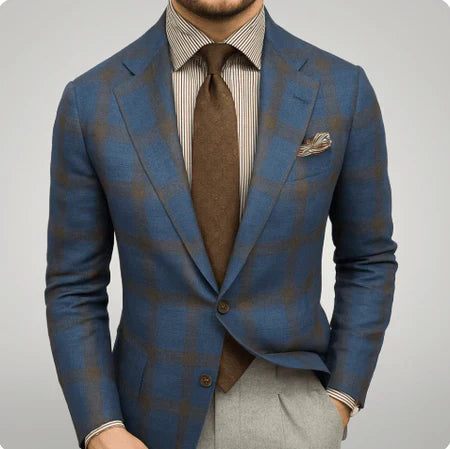 Men's Blazer with Two-Button Closure and Check Pattern