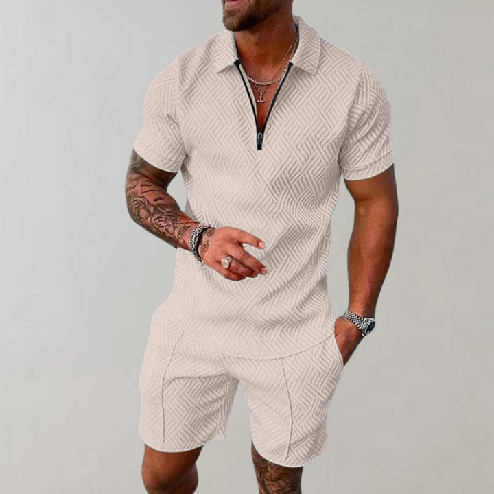 Men’s Casual Polo and Shorts Set with Zip Detail