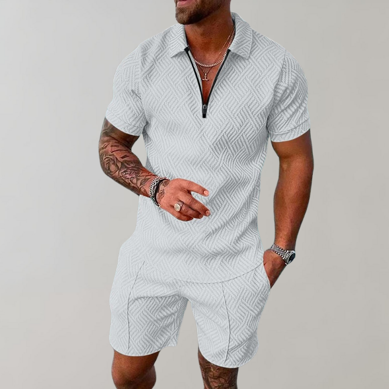 Men’s Casual Polo and Shorts Set with Zip Detail