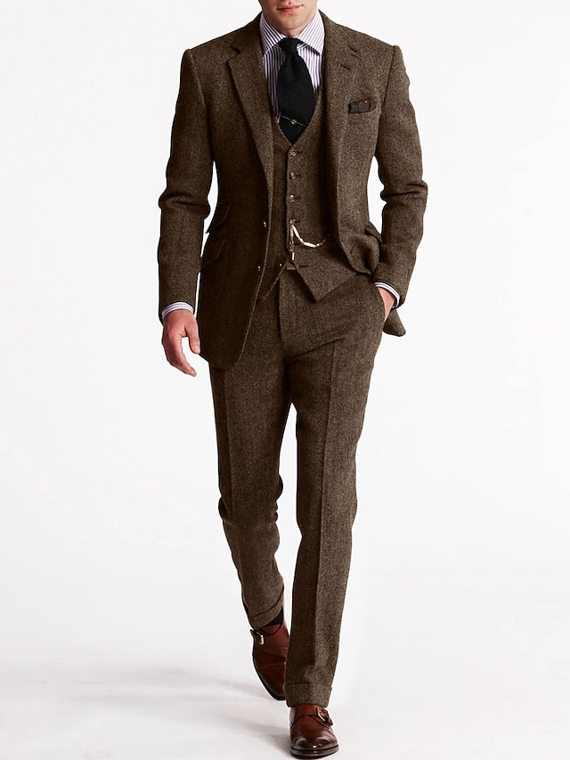 Men’s Three-Piece Tweed Tuxedo Set with Blazer and Waistcoat