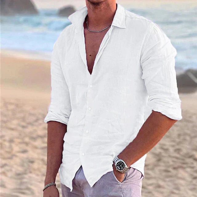 Men’s Linen Long Sleeve Shirt with Button-Down Collar