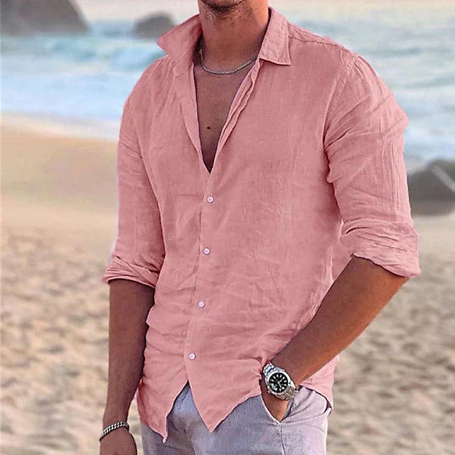 Men’s Linen Long Sleeve Shirt with Button-Down Collar
