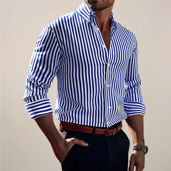 Men's Striped Long Sleeve Shirt with Button-Up Front