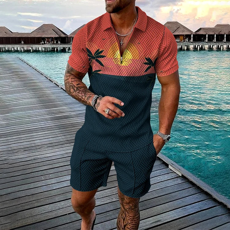 Men’s Cabana Polo Shirt and Shorts Set with Smile Face Print
