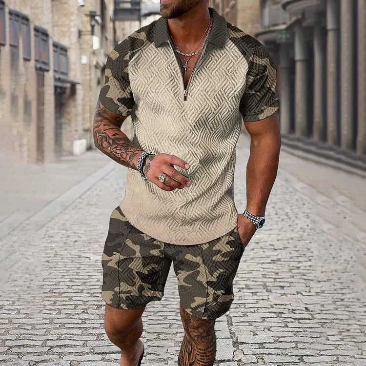 Men’s Camouflage Polo Shirt and Shorts Set with Smile Face Print and Zipper Closure