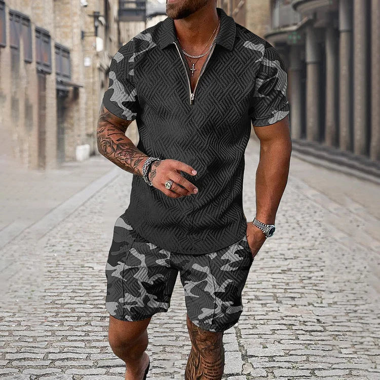 Men’s Camouflage Polo Shirt and Shorts Set with Smile Face Print and Zipper Closure