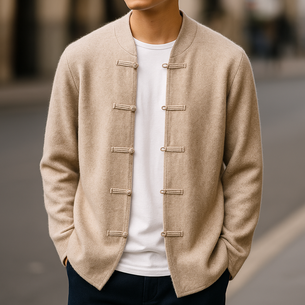 Men's Cardigan with Stand Collar and Button Closure