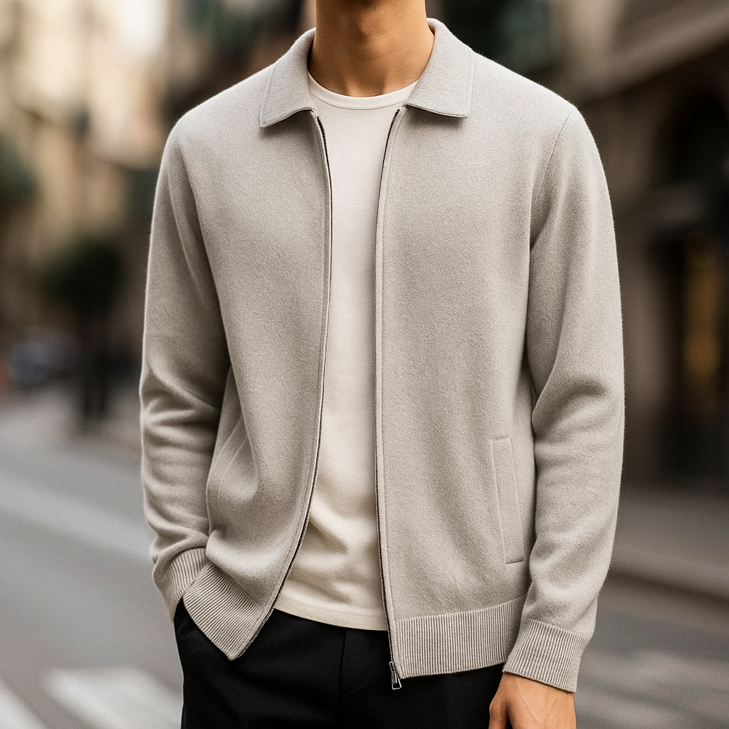 Men's Cardigan with Zipper Front and Structured Collar