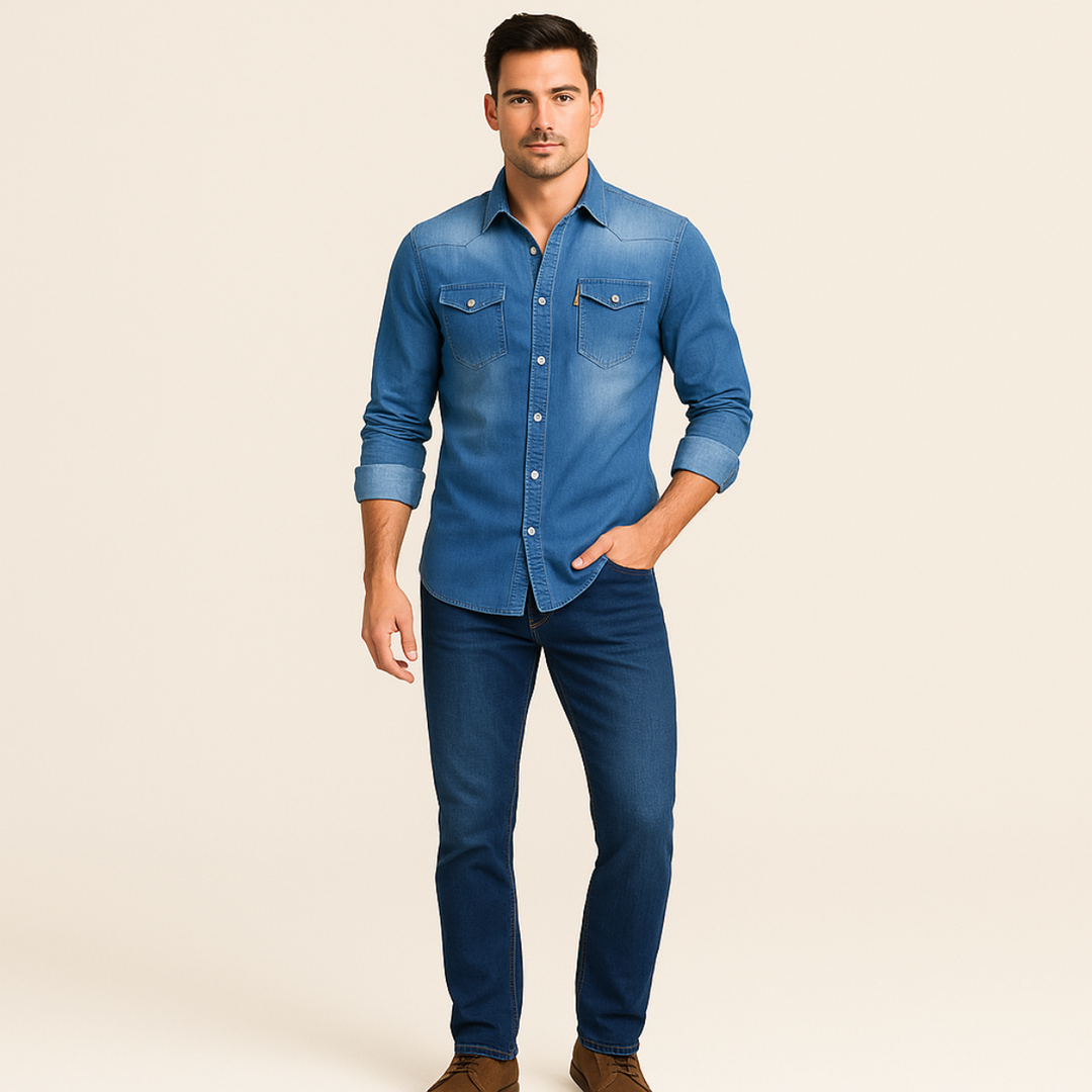 Mens Denim Shirt with Button-Down Front and Chest Pockets