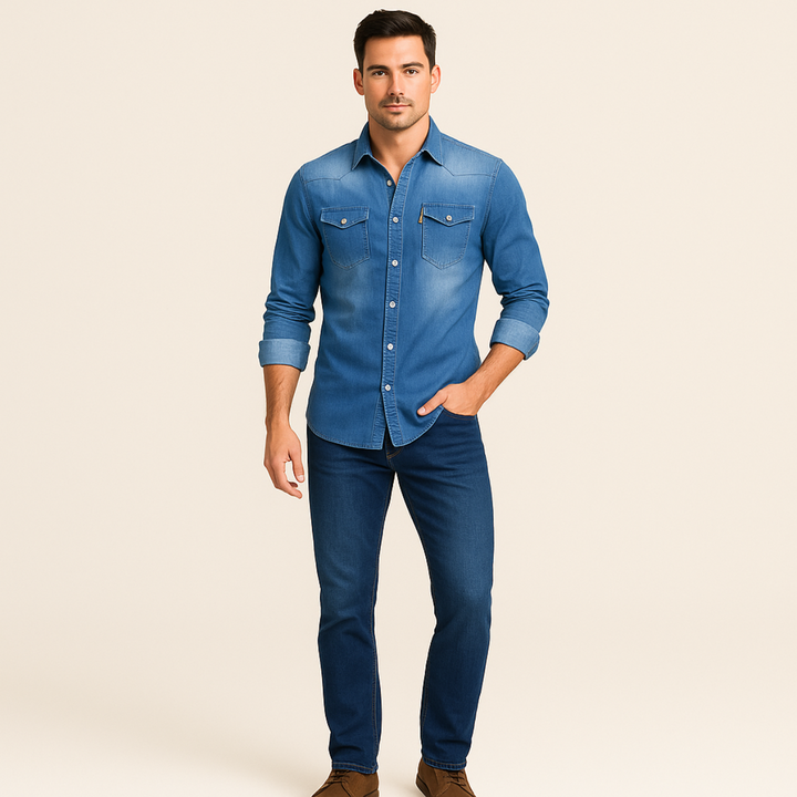 Mens Denim Shirt with Button-Down Front and Chest Pockets