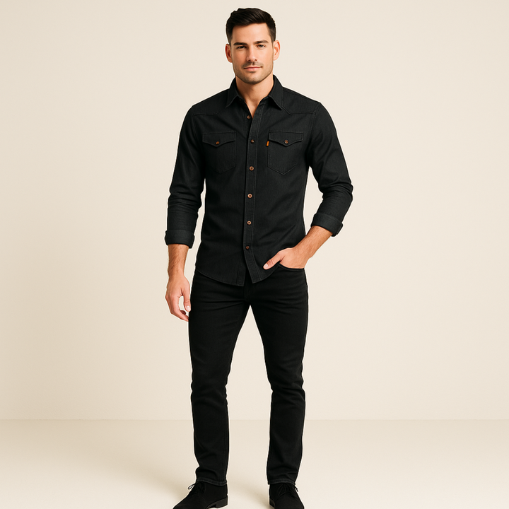Mens Denim Shirt with Button-Down Front and Chest Pockets