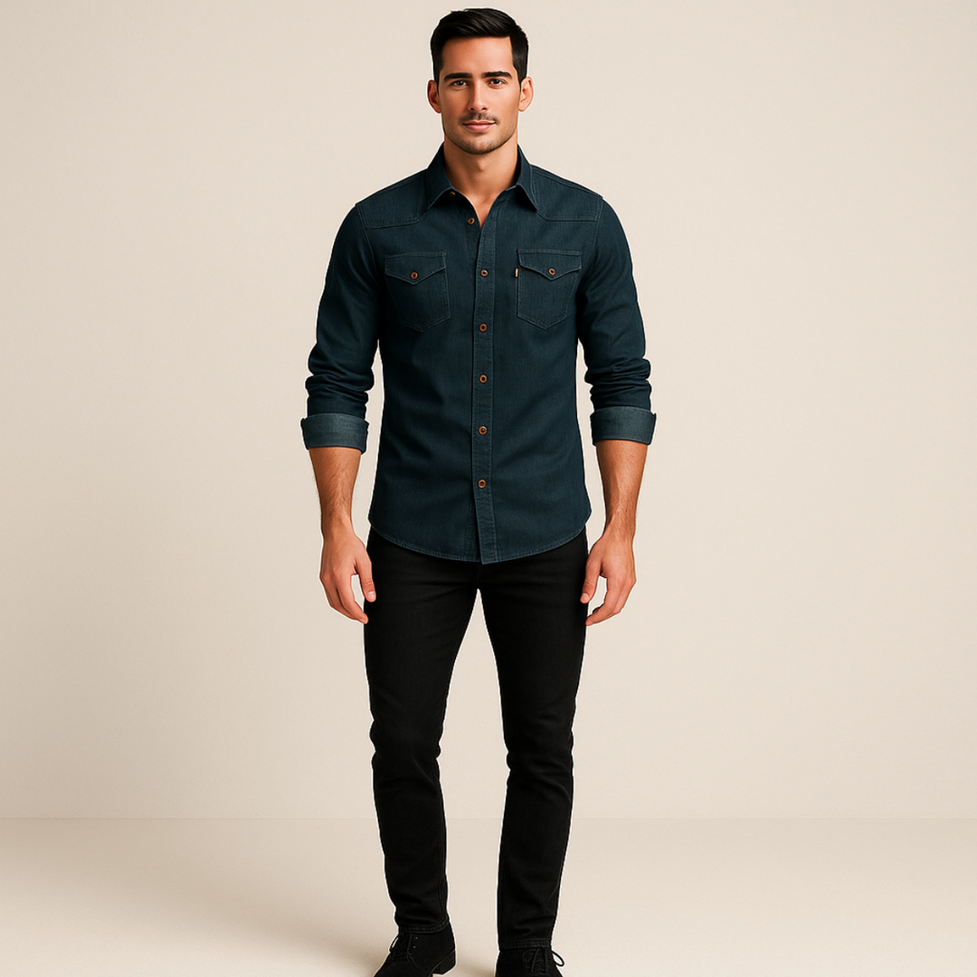 Mens Denim Shirt with Button-Down Front and Chest Pockets