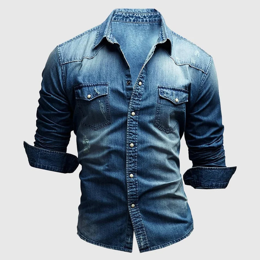 Mens Denim Shirt with Fold‑Down Collar and Chest Pockets