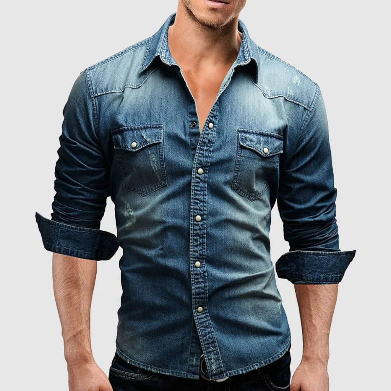 Mens Denim Shirt with Fold‑Down Collar and Chest Pockets
