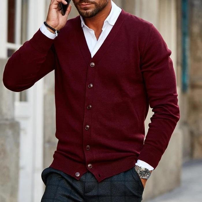 Men’s Knit Cardigan with Button Closure and Ribbed Cuffs