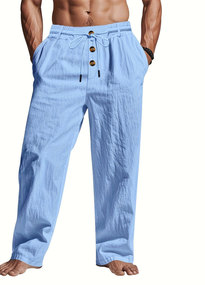 Men’s Linen Trousers with Drawstring Waist and Multi-Button Design