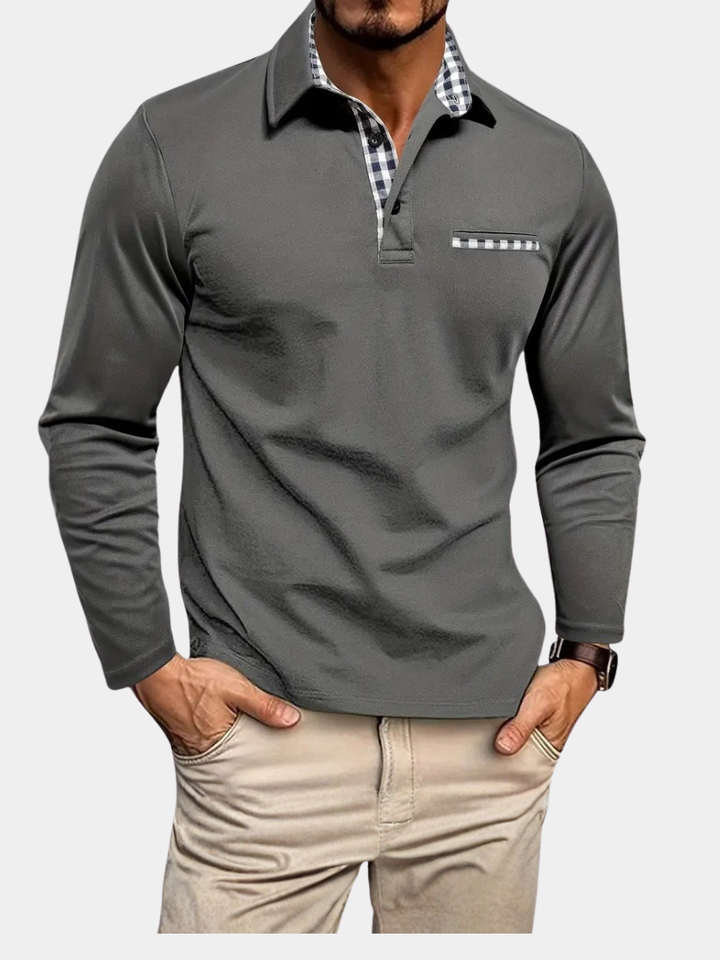 Men’s Long-Sleeved Polo Shirt with Checkered Collar and Pocket
