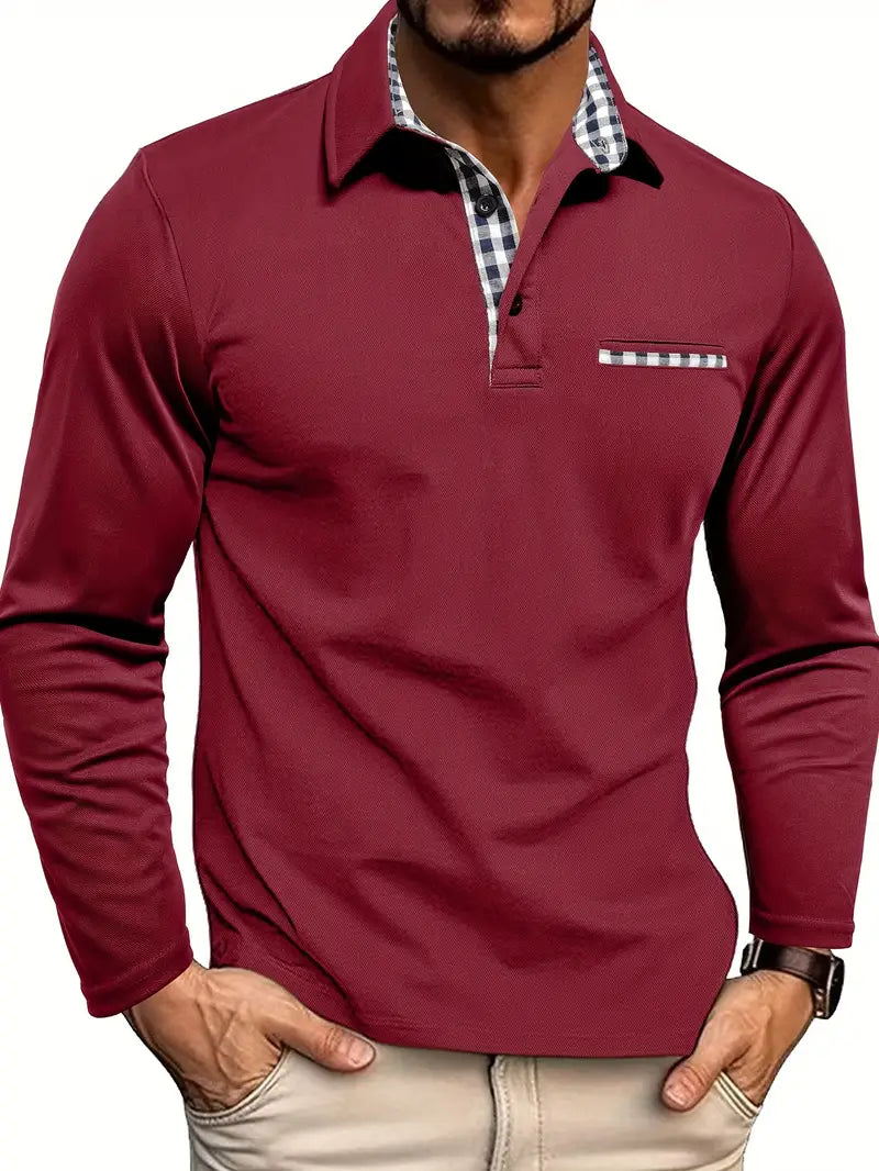 Men’s Long-Sleeved Polo Shirt with Checkered Collar and Pocket