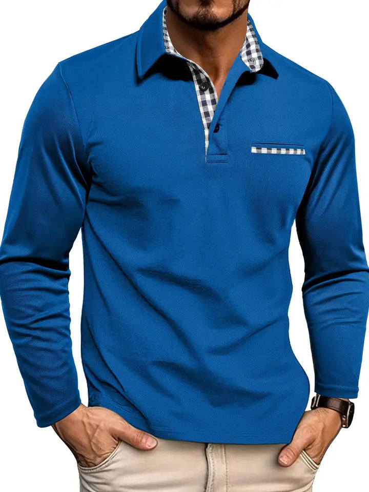 Men’s Long-Sleeved Polo Shirt with Checkered Collar and Pocket
