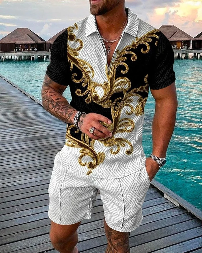 Men’s Polo Shirt Shorts Set with Collared Placket and Side Pockets