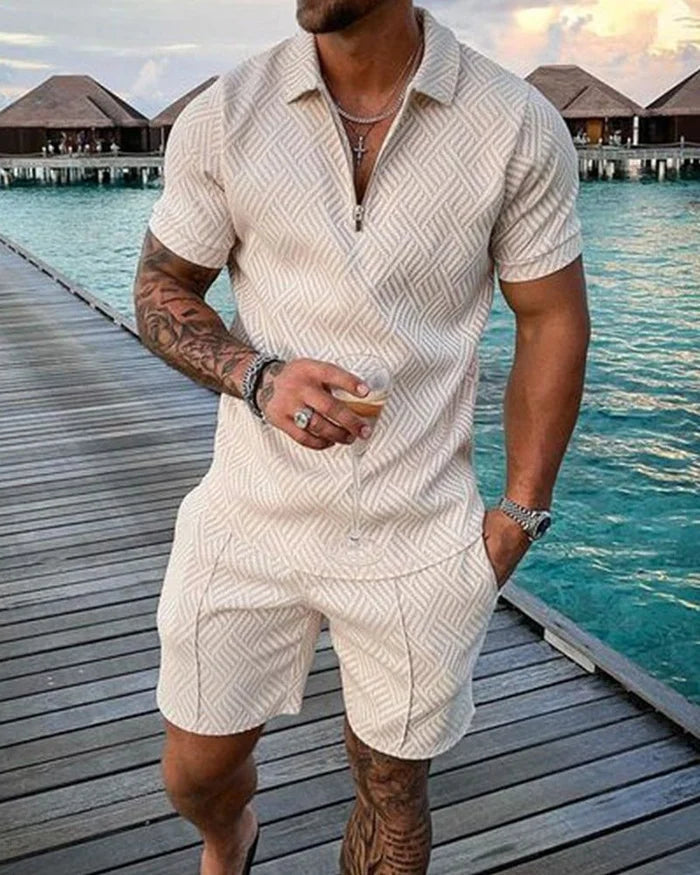 Men's Polo Shirt and Shorts Set with Lapel Collar and Button Closure