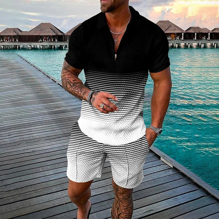 Men’s Polo Shirt and Shorts Set with Smile Face Print